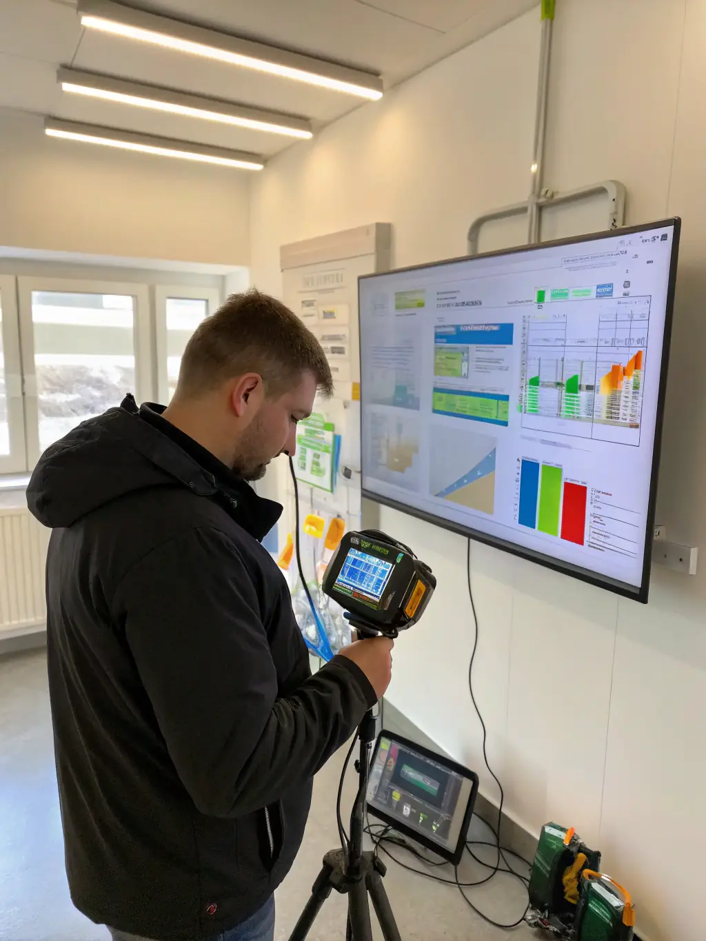 A technician using a tablet to monitor a home's energy usage, demonstrating Ace Core Group's energy monitoring and efficiency solutions.